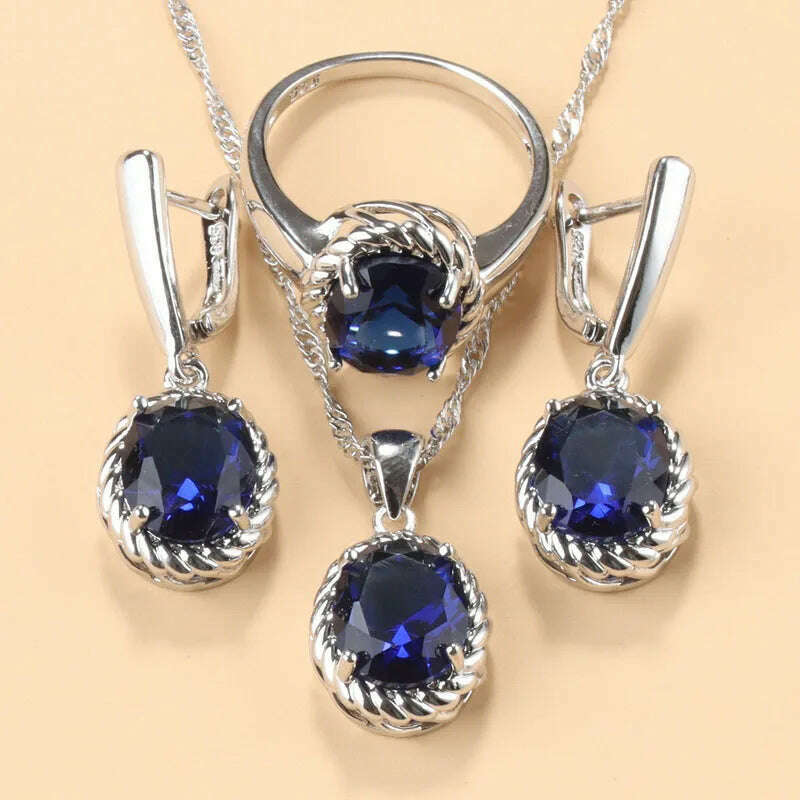 13-Colors Stone 925 Silver Bridal Jewelry Sets Wedding Ring Costume Earrings Pendant Chain Necklace For Women Christmas Gift