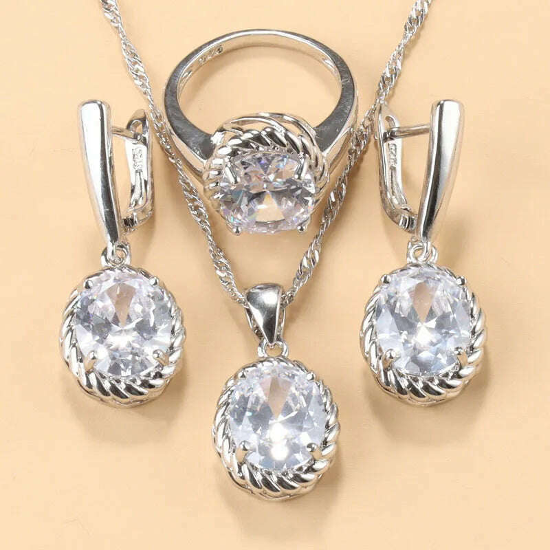 13-Colors Stone 925 Silver Bridal Jewelry Sets Wedding Ring Costume Earrings Pendant Chain Necklace For Women Christmas Gift