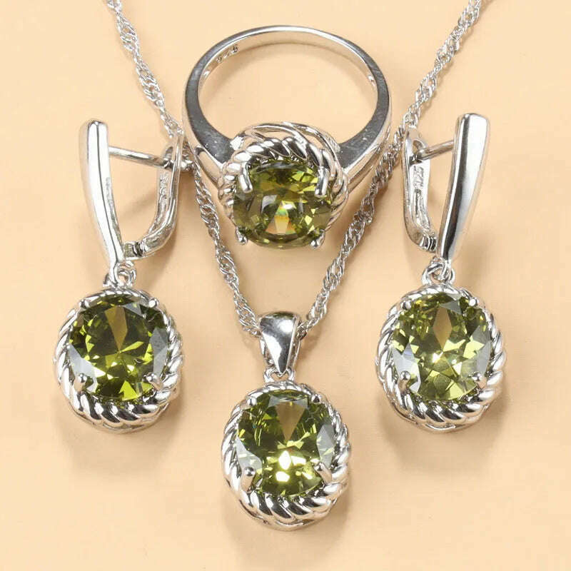 13-Colors Stone 925 Silver Bridal Jewelry Sets Wedding Ring Costume Earrings Pendant Chain Necklace For Women Christmas Gift