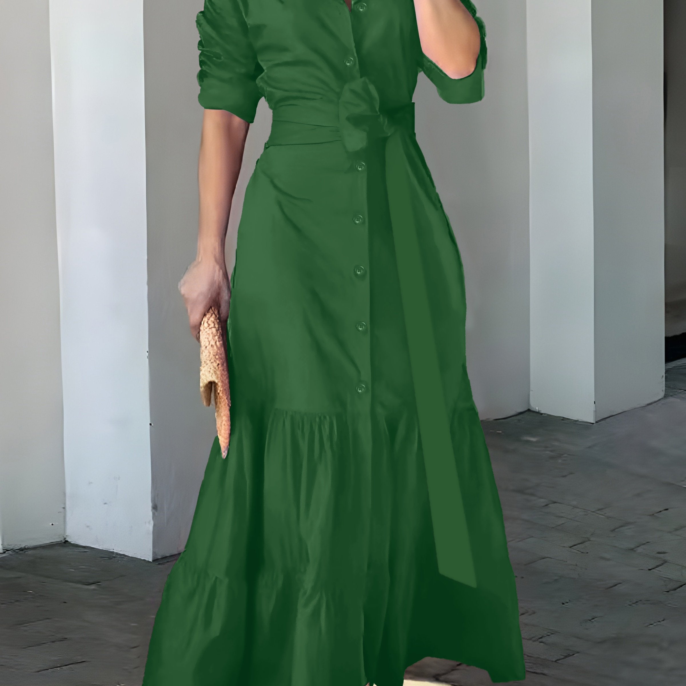 Stunning Ruffled Maxi Dress - Solid Button Front, Belted Waist, Elegant Ruched Sleeve, Flowy Design, Women's Clothing for Special Occasions