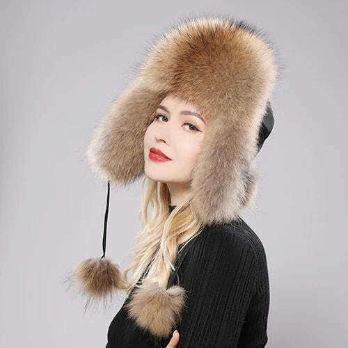 2023 100% Real Fox Fur Hats Women's Russian Ushanka Aviator Trapper Snow Skiing Hat Caps Earflap Winter Raccoon Fur Bomber Hat