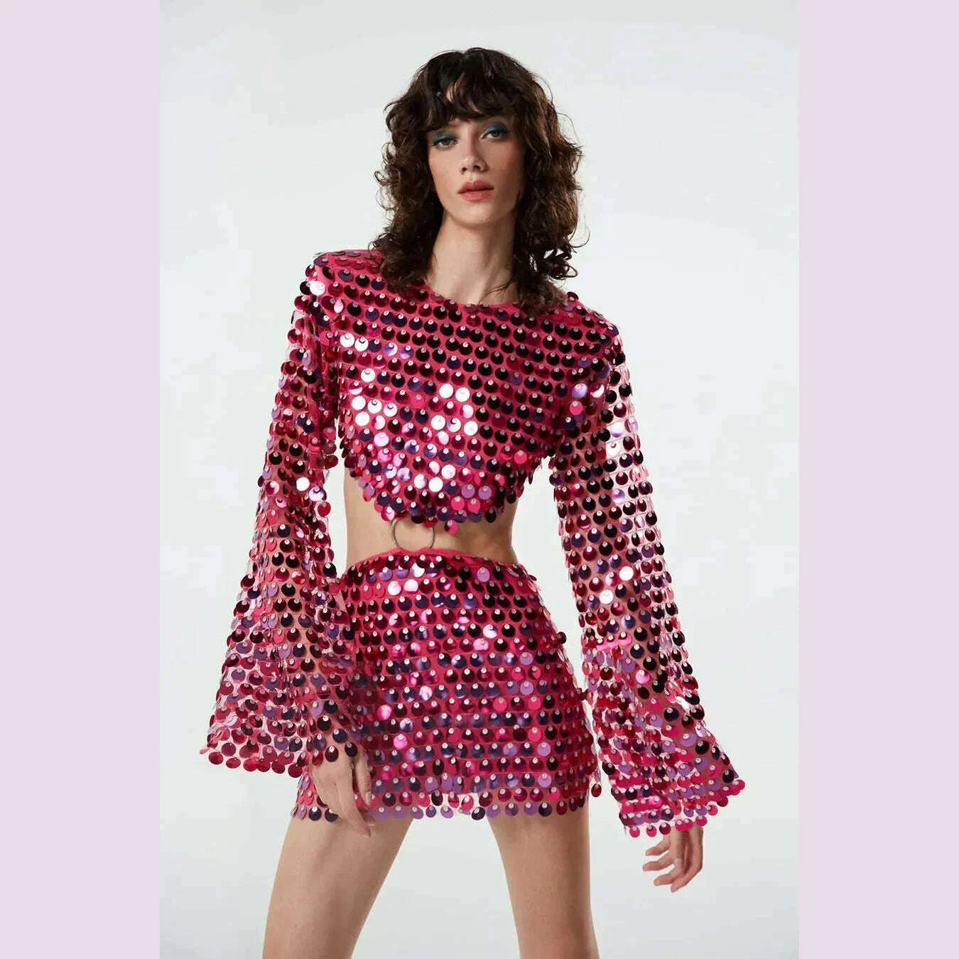 2024 Spring Summer New Dress Women's Fashion Solid Color Sequined Flare Sleeve Dress Women's Sexy O-Neck Irregular Mini Dress