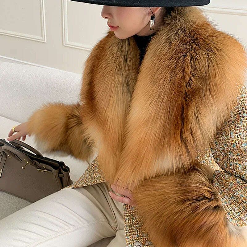 2024 Winter Women Wool Blends Long Coat Real Red Fox Fur Collar Cuffs Thick Warm Jacket Tweed Plaid New Luxury Female Coat