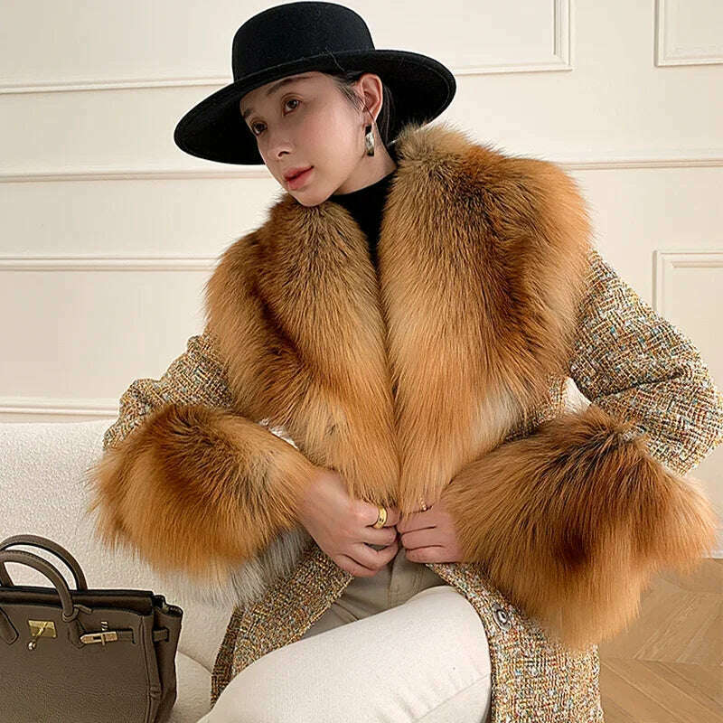 2024 Winter Women Wool Blends Long Coat Real Red Fox Fur Collar Cuffs Thick Warm Jacket Tweed Plaid New Luxury Female Coat