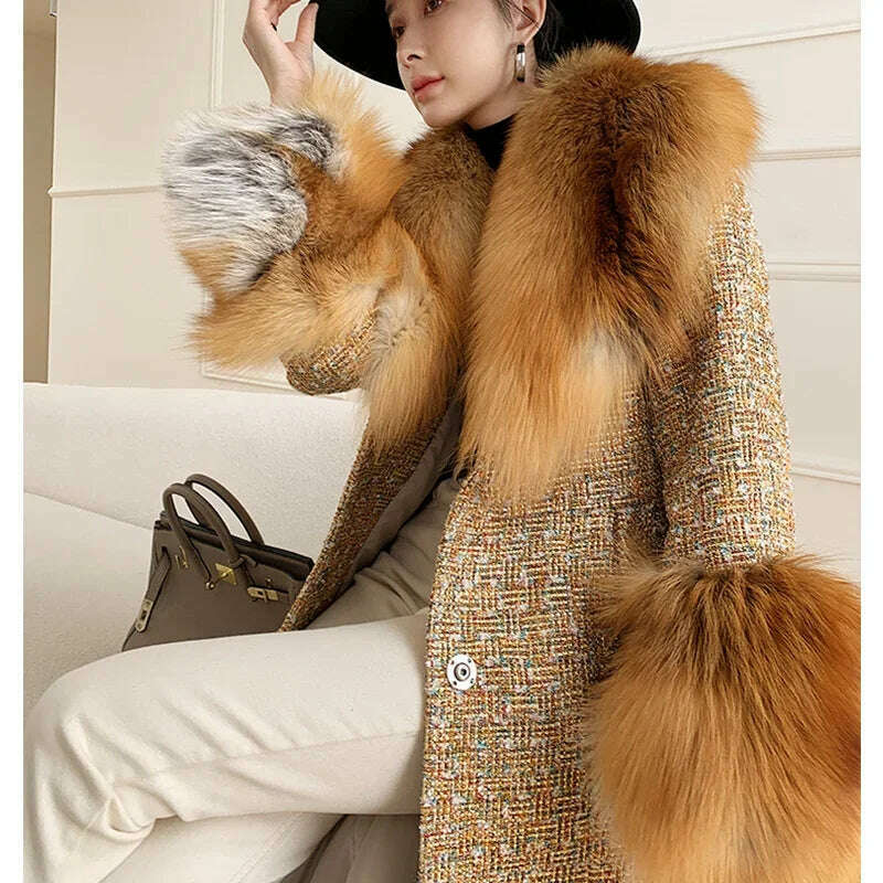 2024 Winter Women Wool Blends Long Coat Real Red Fox Fur Collar Cuffs Thick Warm Jacket Tweed Plaid New Luxury Female Coat