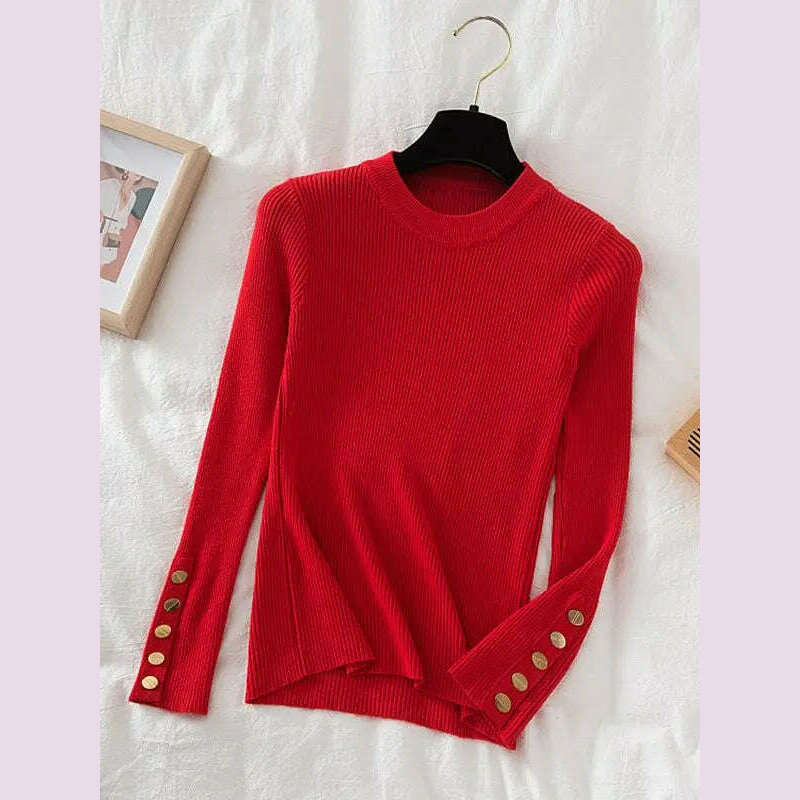 2024 women thick sweater pullovers khaki casual autumn winter button o-neck chic sweater female slim knit top soft jumper tops