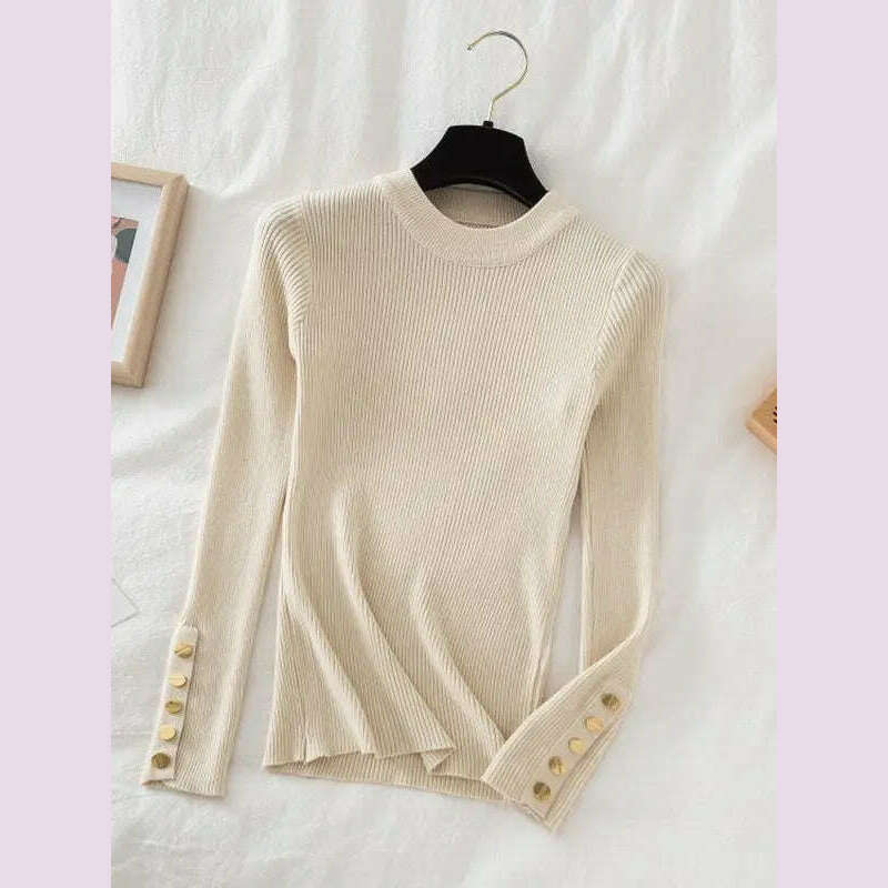 2024 women thick sweater pullovers khaki casual autumn winter button o-neck chic sweater female slim knit top soft jumper tops