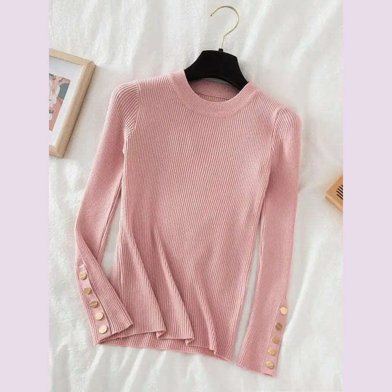 2024 women thick sweater pullovers khaki casual autumn winter button o-neck chic sweater female slim knit top soft jumper tops