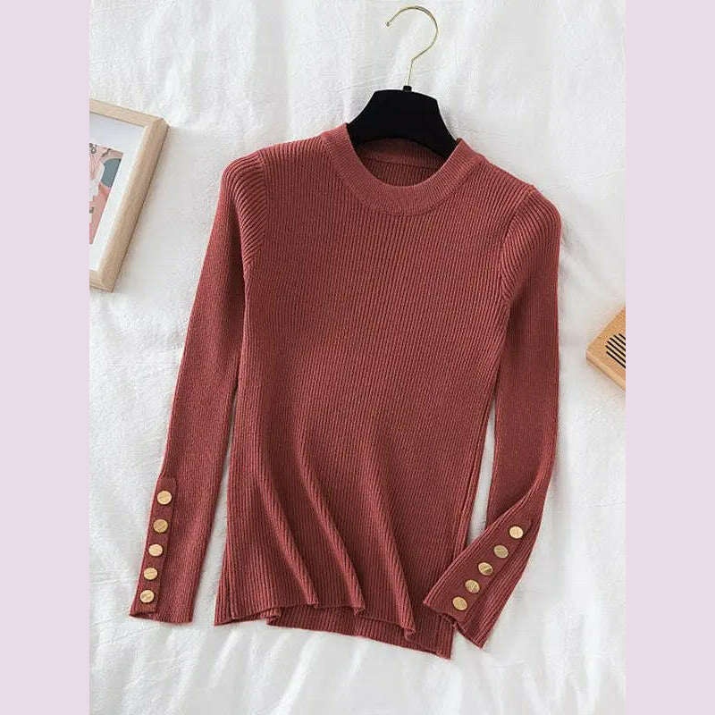 2024 women thick sweater pullovers khaki casual autumn winter button o-neck chic sweater female slim knit top soft jumper tops