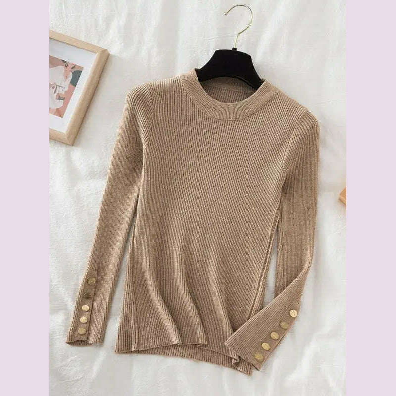 2024 women thick sweater pullovers khaki casual autumn winter button o-neck chic sweater female slim knit top soft jumper tops