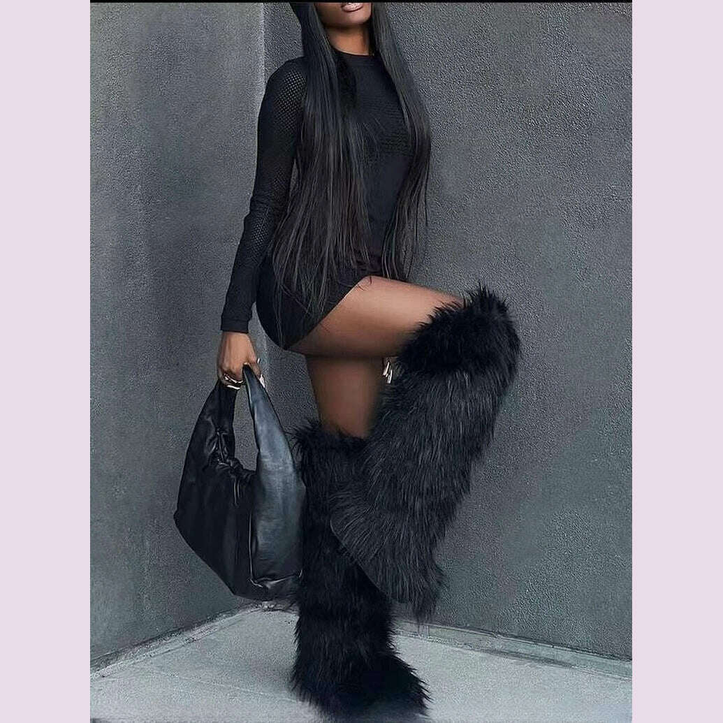 2024 Women Winter Thigh High Fluffy Boots Ladies Furry Faux Fox Fur Long Warm Shoes girls New Designer Plush Knee High Fur Boots