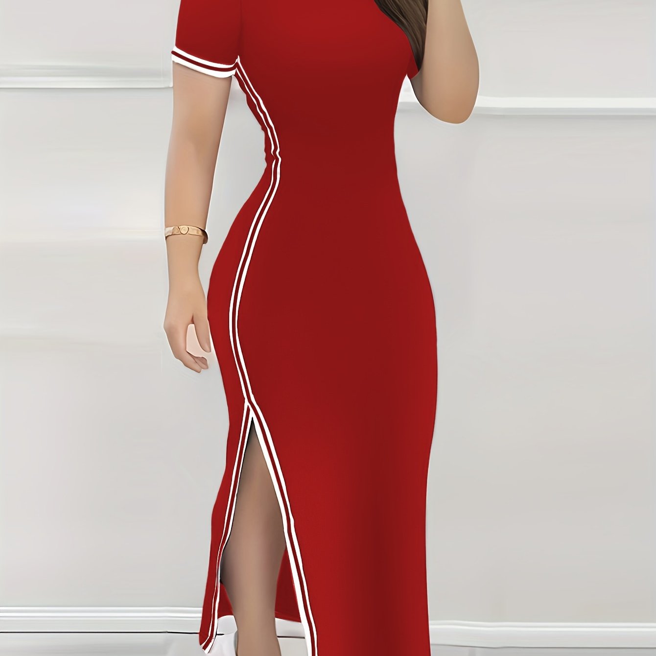 Contrast Trim Split Hem Bodycon Dress, Elegant Crew Neck Short Sleeve Dress For Spring & Summer, Women's Clothing