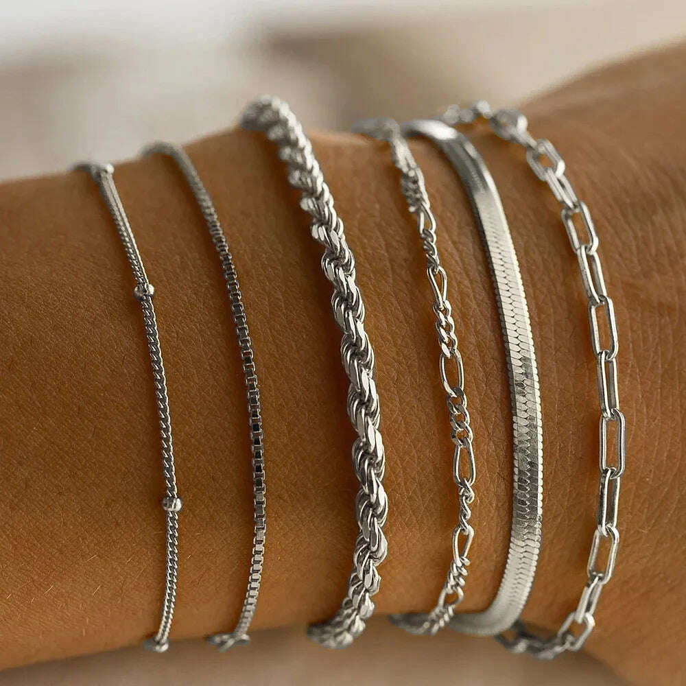 6 Piece Set Gold Color Luxury Bracelets for Women Zircon Shiny Simple Unisex Charm Chain Bracelet Punk Bangle Fashion Jewelry
