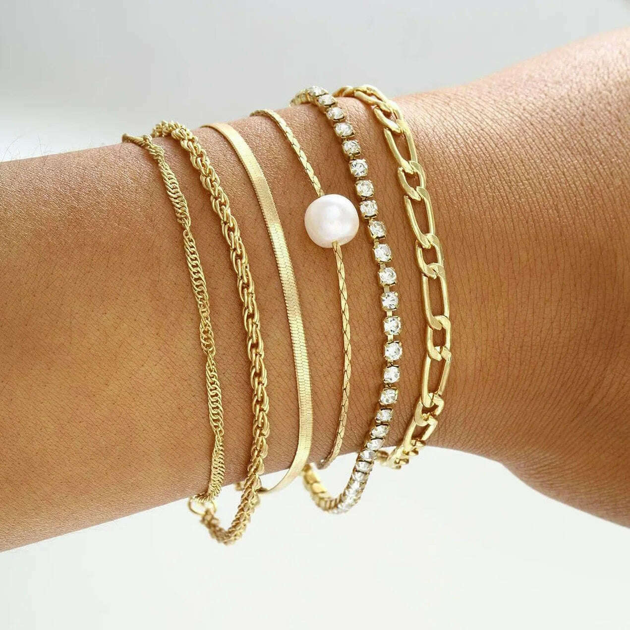 6 Piece Set Gold Color Luxury Bracelets for Women Zircon Shiny Simple Unisex Charm Chain Bracelet Punk Bangle Fashion Jewelry