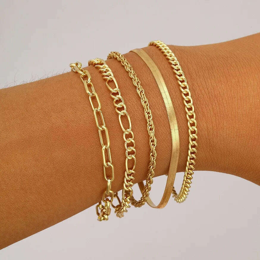 6 Piece Set Gold Color Luxury Bracelets for Women Zircon Shiny Simple Unisex Charm Chain Bracelet Punk Bangle Fashion Jewelry