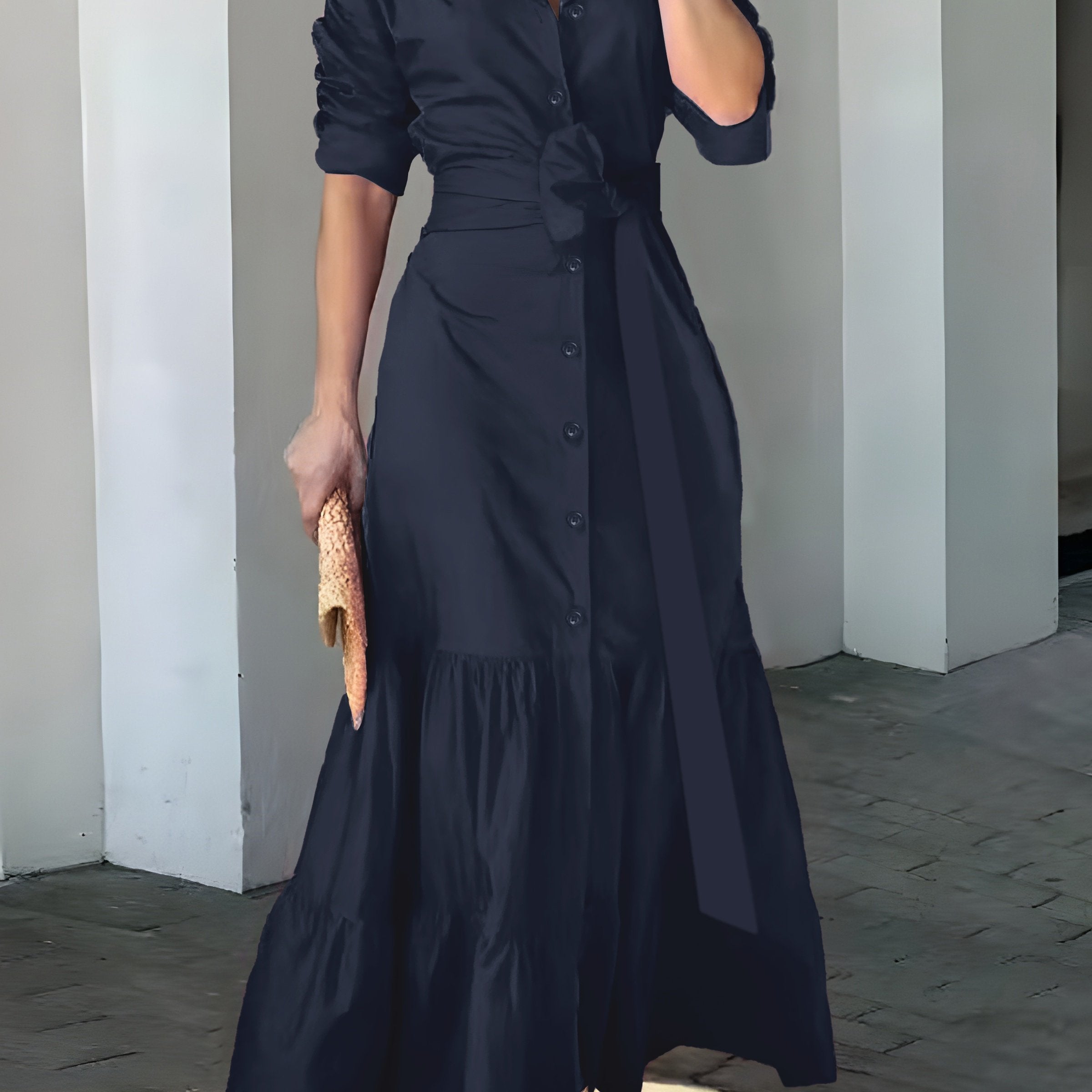 Stunning Ruffled Maxi Dress - Solid Button Front, Belted Waist, Elegant Ruched Sleeve, Flowy Design, Women's Clothing for Special Occasions