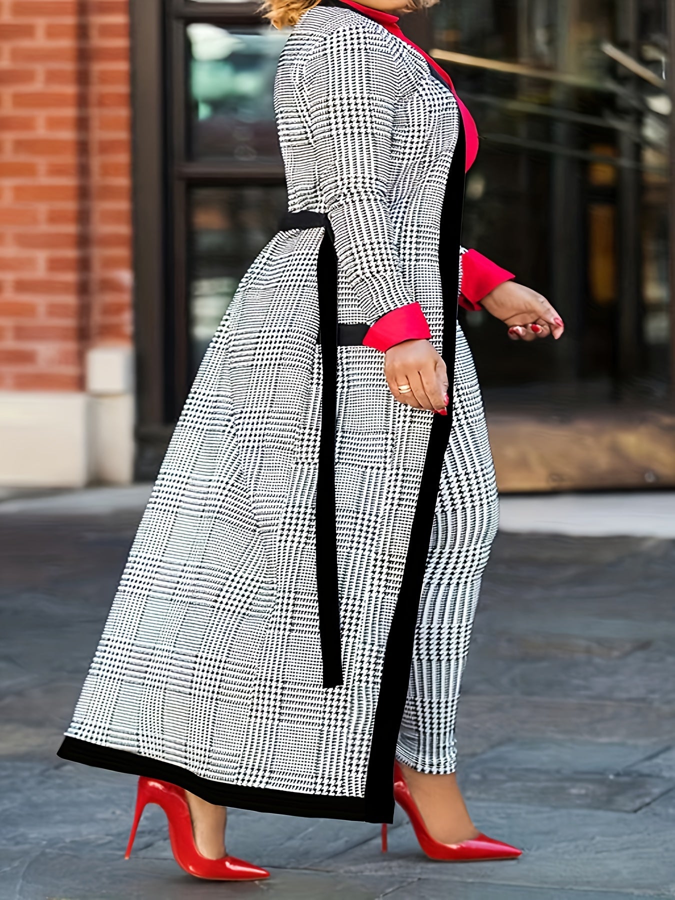 Plus Size Elegant Houndstooth Co-ord Set - Soft Polyester Knit Fabric with Elastane for Comfort, Belted Long Cardigan with Cardigan Collar, Slim Fitting Pants with Slight Stretch for Flattering Silhouette - Ideal for Work or