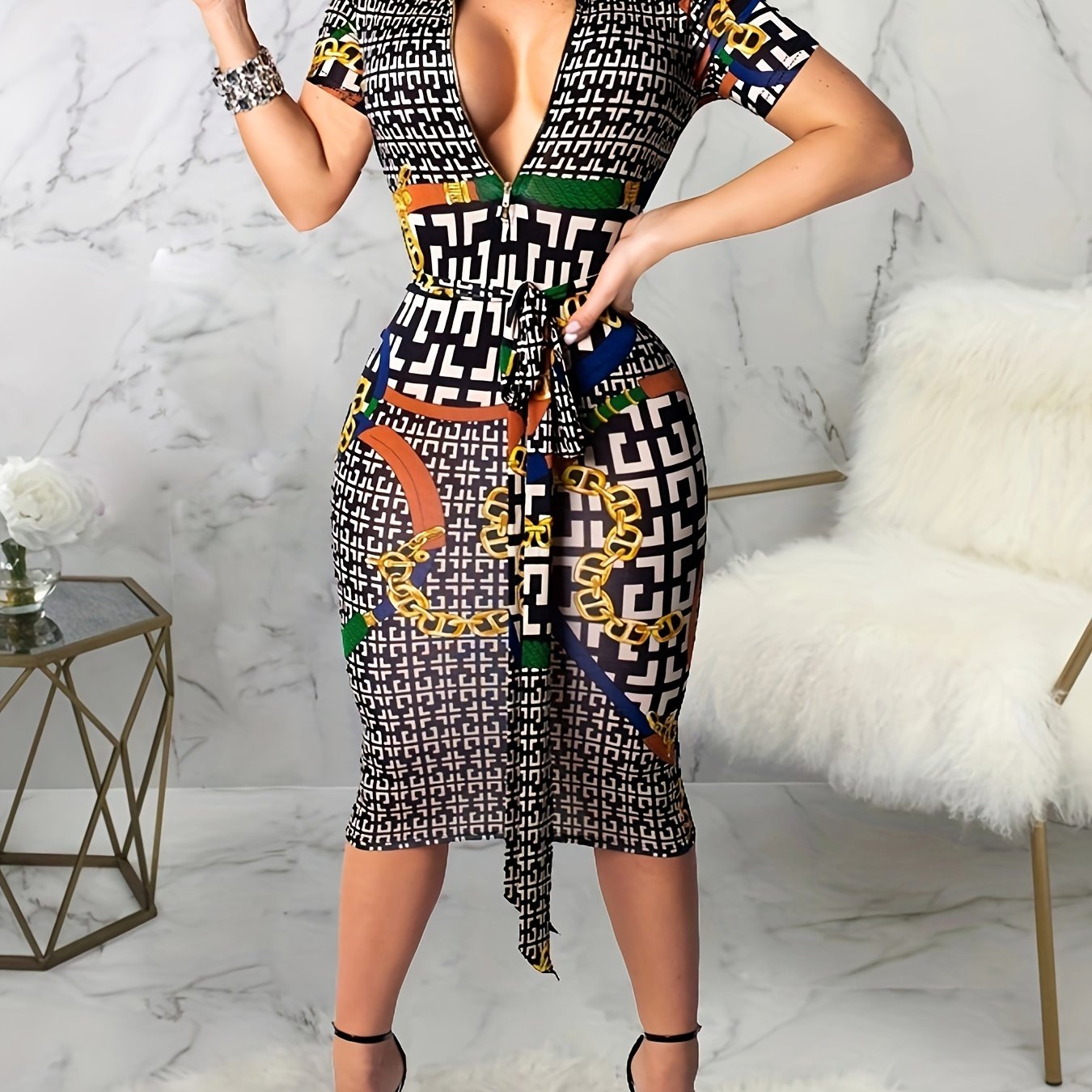 Vibrant Geo Print Zipper Belted Bodycon Dress - Short Sleeve, Casual, Spring & Summer Essential, Women's Fashion Clothing for Everyday Wear
