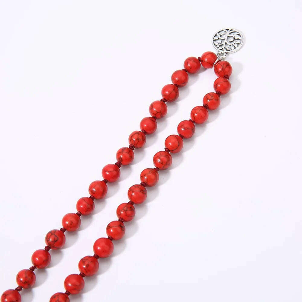 8mm Red Turquoise Knotted 108 Mala Beaded Necklace Meditation Yoga Blessing Jewelry for Men and Women