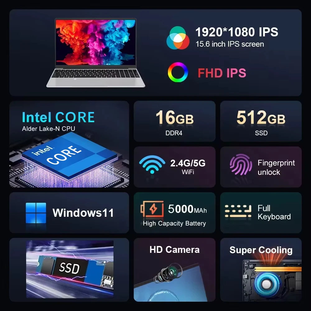 Windows 11 Laptops Computer Gaming Intel Core 5005U Computer 16GB RAM 1/2TB SSD Fingerprint Unlock 15.6" 1920*1080 Notebook PC - Kimlud