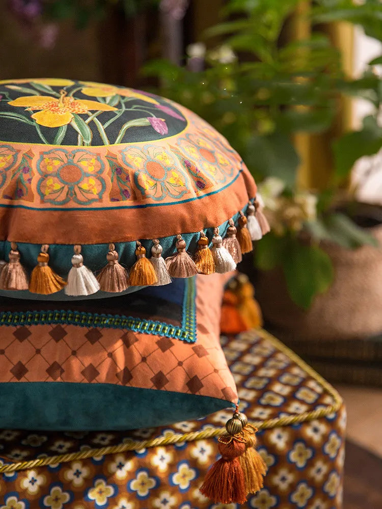 Vintage Colorful Cushion Cover,Light Luxury Velvet Tassel Pillowcase,Cute Home Decoration,Italy Renaissance Art Muse...