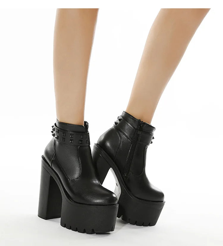 Gothic Black Ankle Boots For Women Plus High Heel Female Shoes Lace-Up Nigh Club Black Sexy Rivets Short Bootsrd5