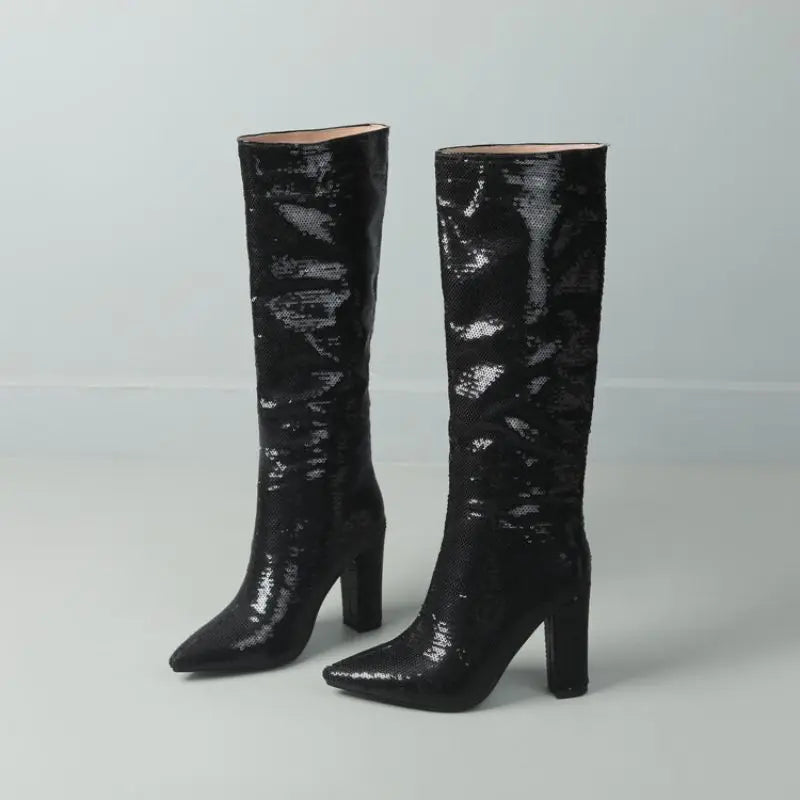 Bling New Botas Alto Chunky Heel Shoes 2025 Knee-High Women Boots