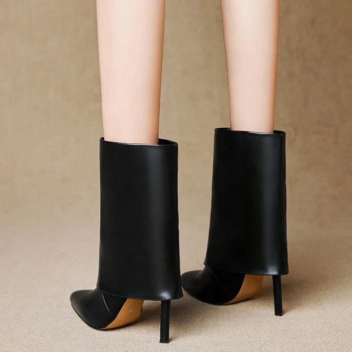 Solid Folding Design Pointed Toe Booties for Women Thin High Heel Slip-on Short Shoes Fashion Western Plus Size 43 Ankle Boots