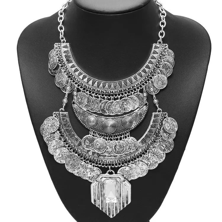 Indian Fashion Silver Plated Vintage Statement Large Necklace Women Boho Ethnic Maxi Big Collar Chunky Choker Necklace Jewelry