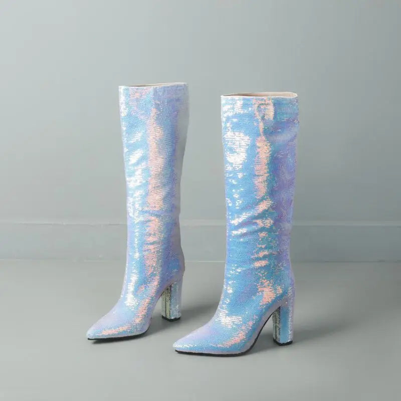 Bling New Botas Alto Chunky Heel Shoes 2025 Knee-High Women Boots