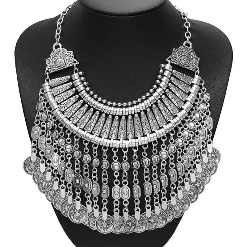Indian Fashion Silver Plated Vintage Statement Large Necklace Women Boho Ethnic Maxi Big Collar Chunky Choker Necklace Jewelry