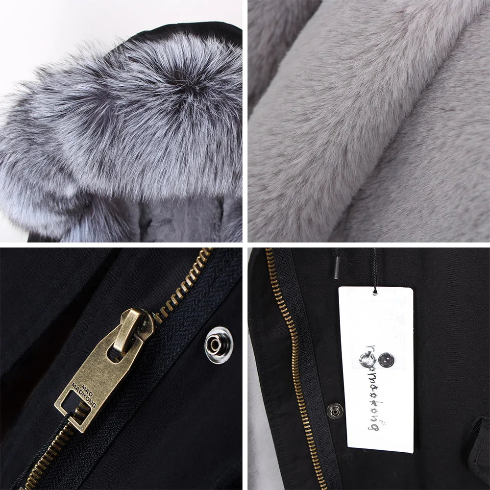 MAOMAOKONG 2024 Winter Women Coat Natural Fox Fur Collar Cuff Black Jackets Outwear Thick Luxury Real Fur Parka Women's Fur Coat