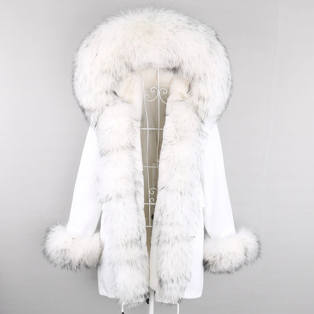 2024 Winter Jacket Women Natural Raccoon Fur Collar Real Fur Coat Color matching Hood Cuffs Thick Warm Outerwear New Long Parka
