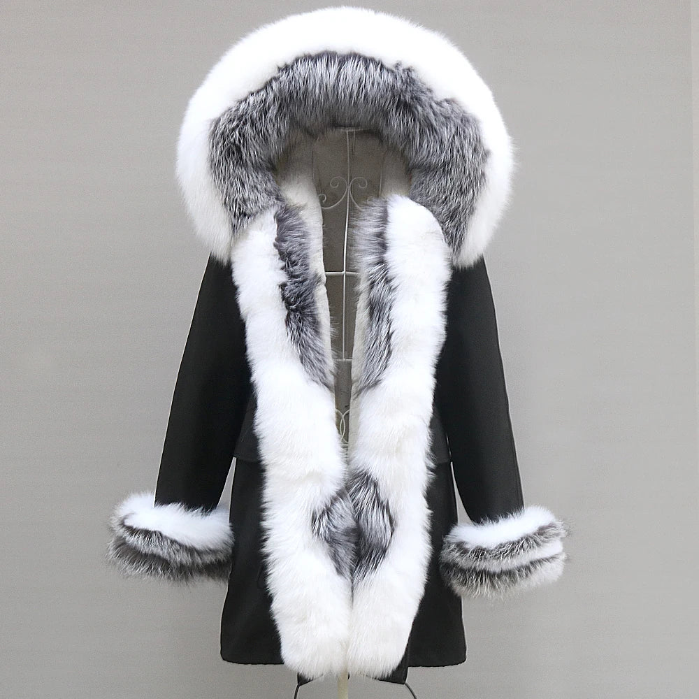 2024 Winter Jacket Women Natural Raccoon Fur Collar Real Fur Coat Color matching Hood Cuffs Thick Warm Outerwear New Long Parka
