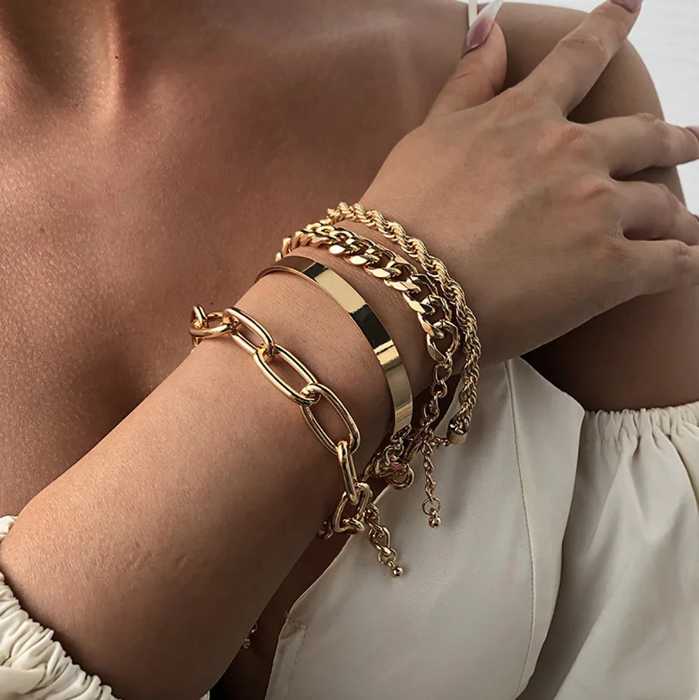 4pcs Punk Curb Cuban Chain Bracelets Set for Women Miami Boho Thick Gold Color Charm Bracelets Bangles Fashion Jewelry