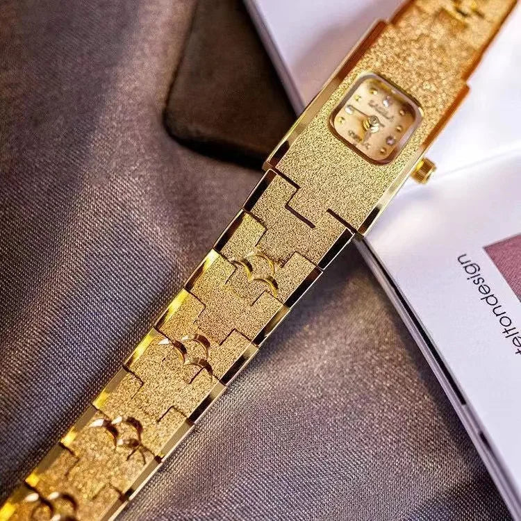 High quality 24K gold no fade brass band women watches diamond small dial square fashion luxury wristwatch for lady retro