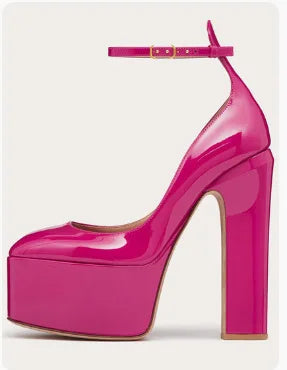 Fashion Thick Sole Pumps Block High Heel Round Toe Ankle Strap Women Dress Shoes Platform Sandal Patent Big Size 43