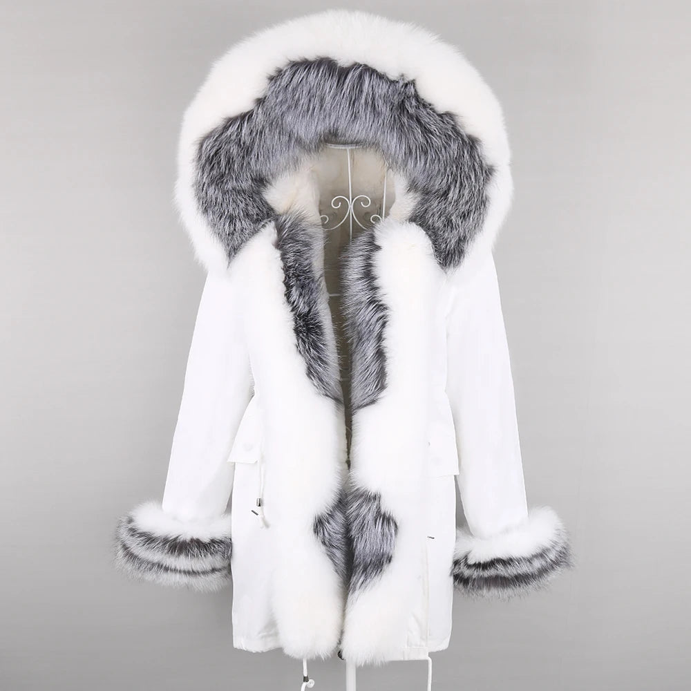 2024 Winter Jacket Women Natural Raccoon Fur Collar Real Fur Coat Color matching Hood Cuffs Thick Warm Outerwear New Long Parka