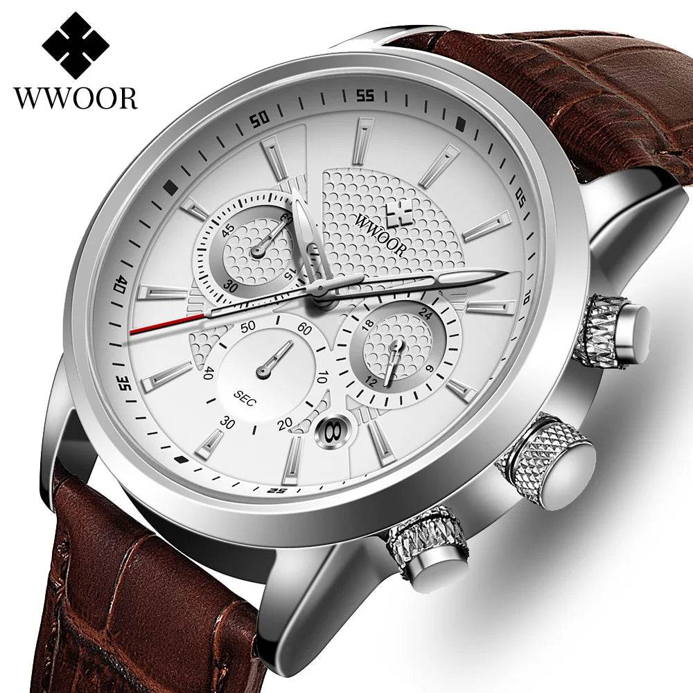2024 New WWOOR Design Men Watches Top Brand Luxury Waterproof Leather Quartz Wristwatch Sports Chronograph Relogio Masculino+Box