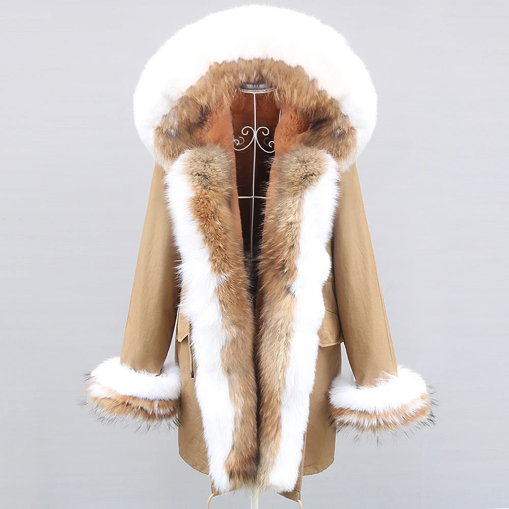 2024 Winter Jacket Women Natural Raccoon Fur Collar Real Fur Coat Color matching Hood Cuffs Thick Warm Outerwear New Long Parka