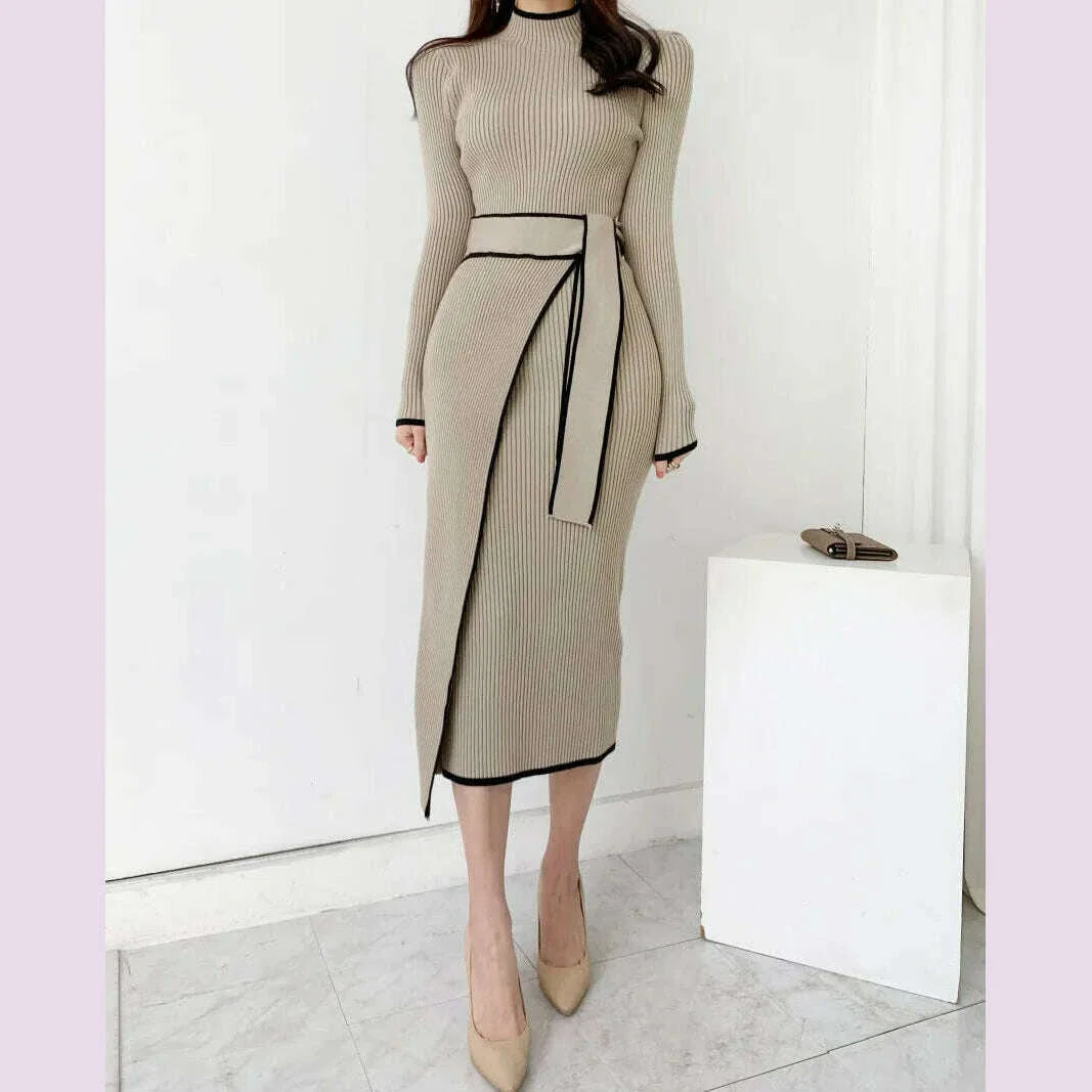 New Retro Knitted Bodycon Dress Women Korean Fashion Autumn Winter Half High Collar Lace Up Elegant Sweater Dresses Vestidos