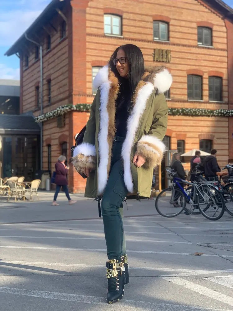 2024 Winter Jacket Women Natural Raccoon Fur Collar Real Fur Coat Color matching Hood Cuffs Thick Warm Outerwear New Long Parka