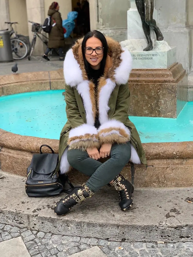 2024 Winter Jacket Women Natural Raccoon Fur Collar Real Fur Coat Color matching Hood Cuffs Thick Warm Outerwear New Long Parka