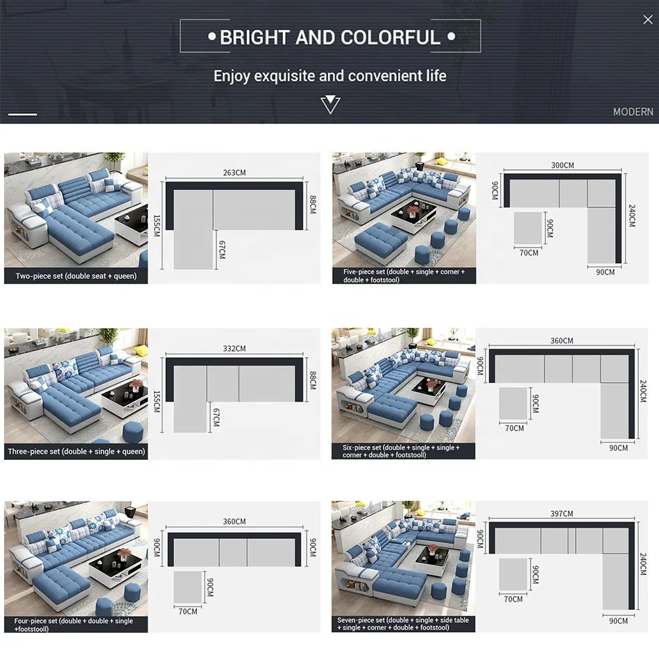 Modern Storage Compartment U Shaped Sectional 7 Seater Latex Luxury Furniture Living Room Fabrics Sofas Sets Supplier |...