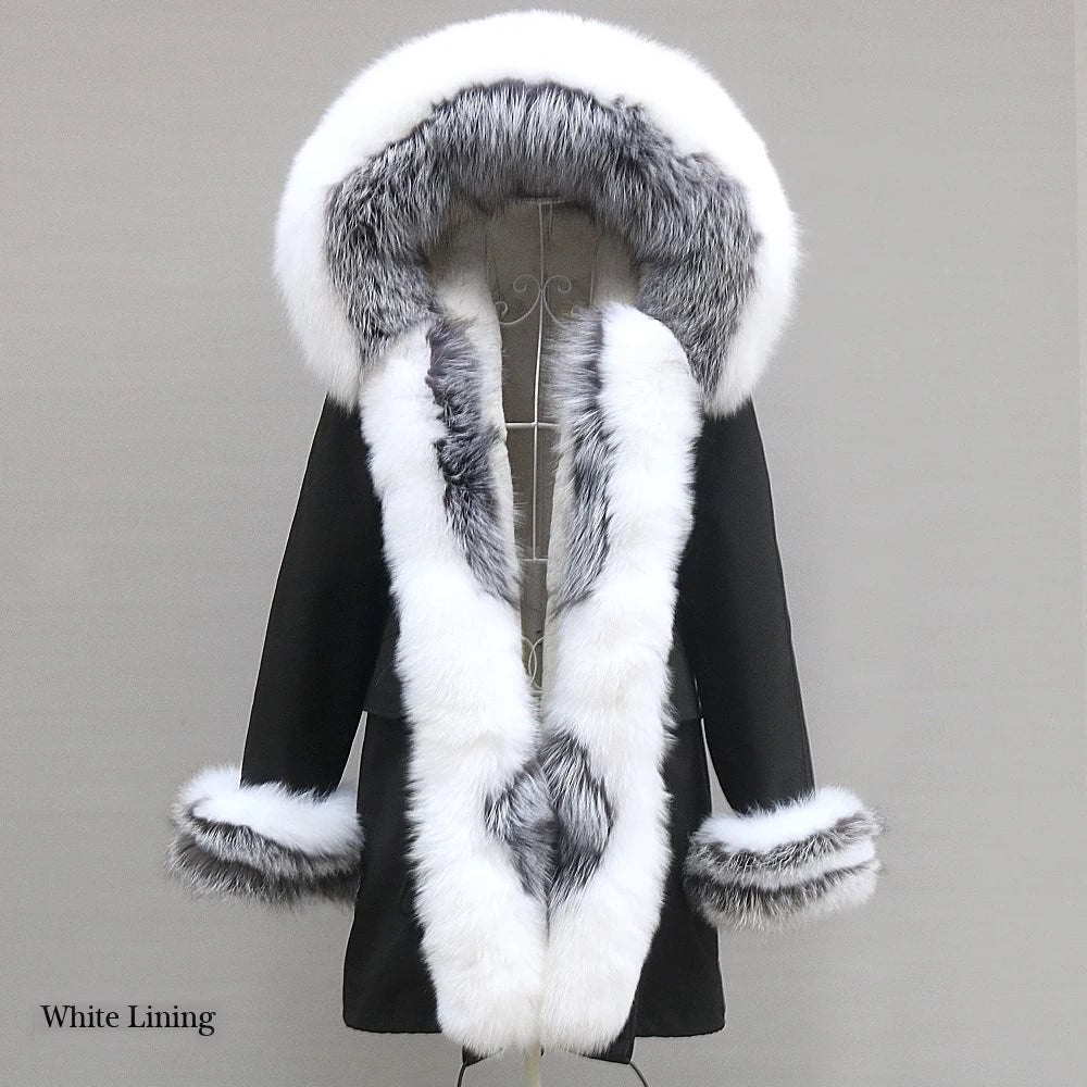 2024 Winter Jacket Women Natural Raccoon Fur Collar Real Fur Coat Color matching Hood Cuffs Thick Warm Outerwear New Long Parka