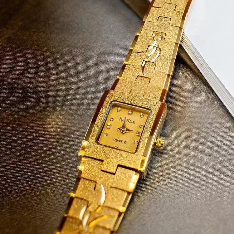 High quality 24K gold no fade brass band women watches diamond small dial square fashion luxury wristwatch for lady retro