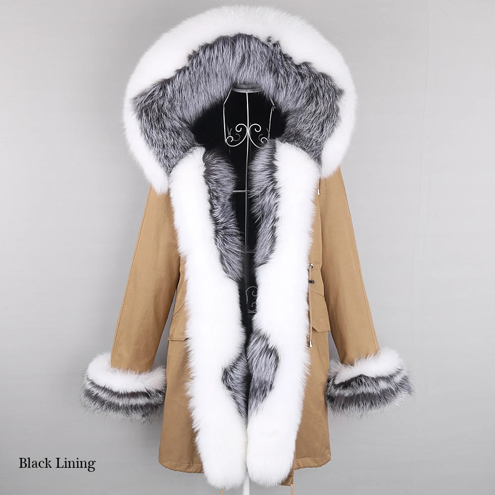 2024 Winter Jacket Women Natural Raccoon Fur Collar Real Fur Coat Color matching Hood Cuffs Thick Warm Outerwear New Long Parka