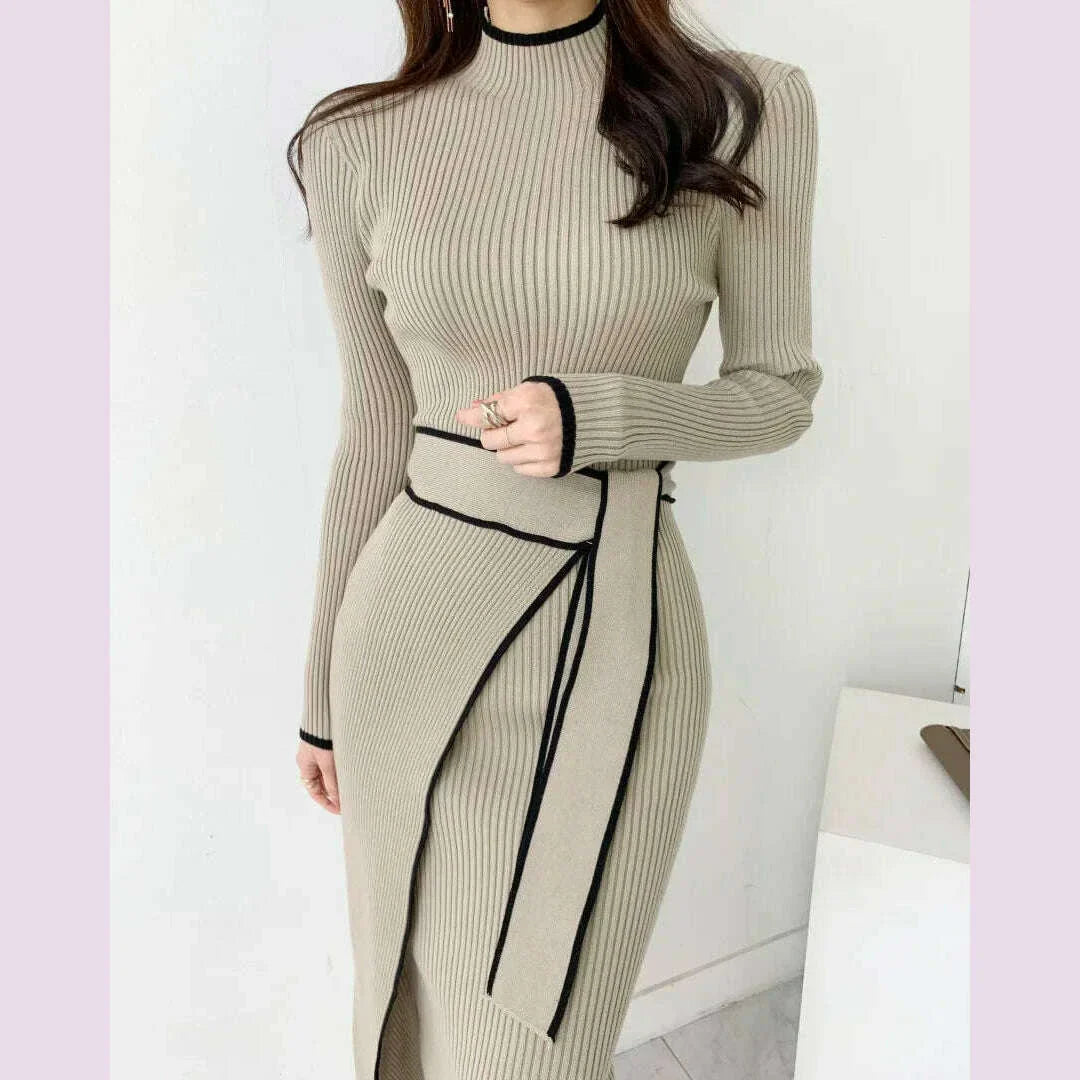 New Retro Knitted Bodycon Dress Women Korean Fashion Autumn Winter Half High Collar Lace Up Elegant Sweater Dresses Vestidos