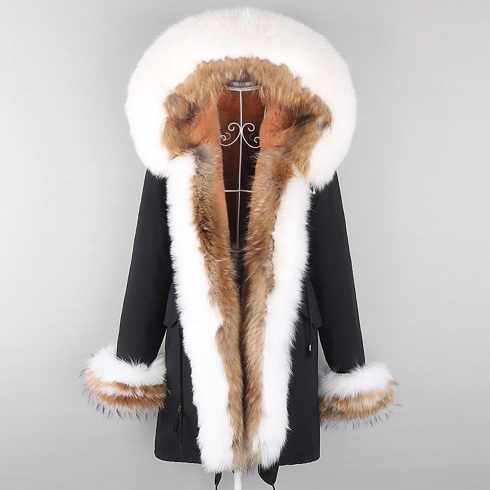 2024 Winter Jacket Women Natural Raccoon Fur Collar Real Fur Coat Color matching Hood Cuffs Thick Warm Outerwear New Long Parka