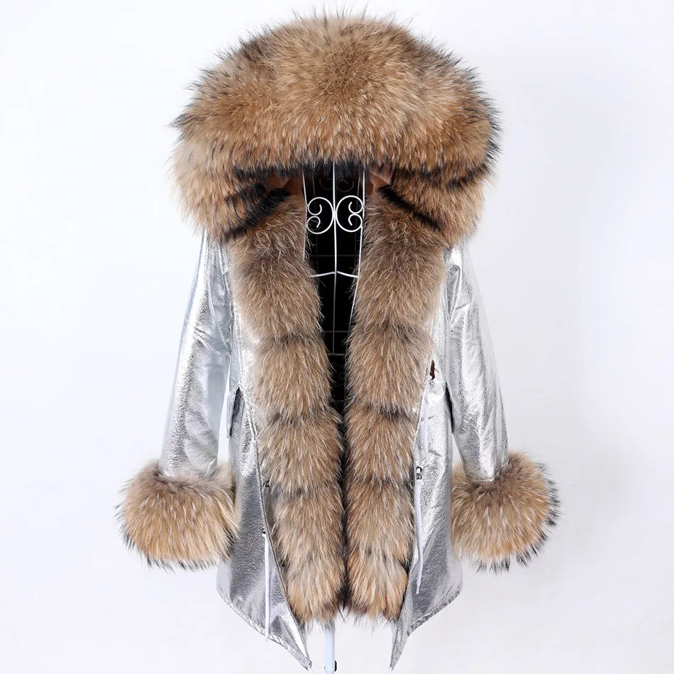 MAOMAOKONG 2024 Winter Women Coat Natural Fox Fur Collar Cuff Black Jackets Outwear Thick Luxury Real Fur Parka Women's Fur Coat